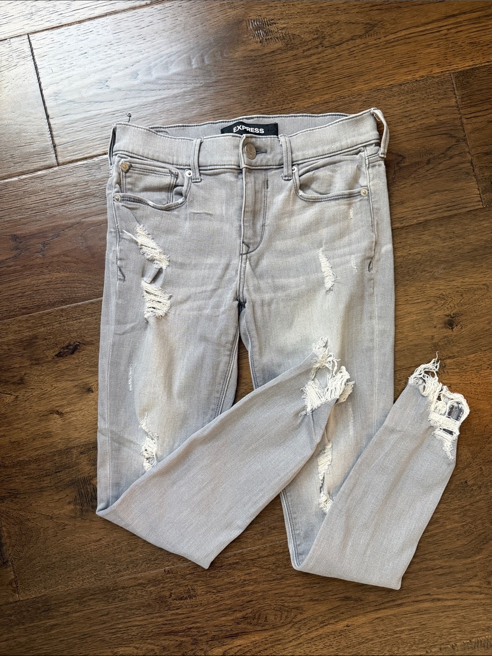 Express Light Gray Distressed Skinny Jeans
